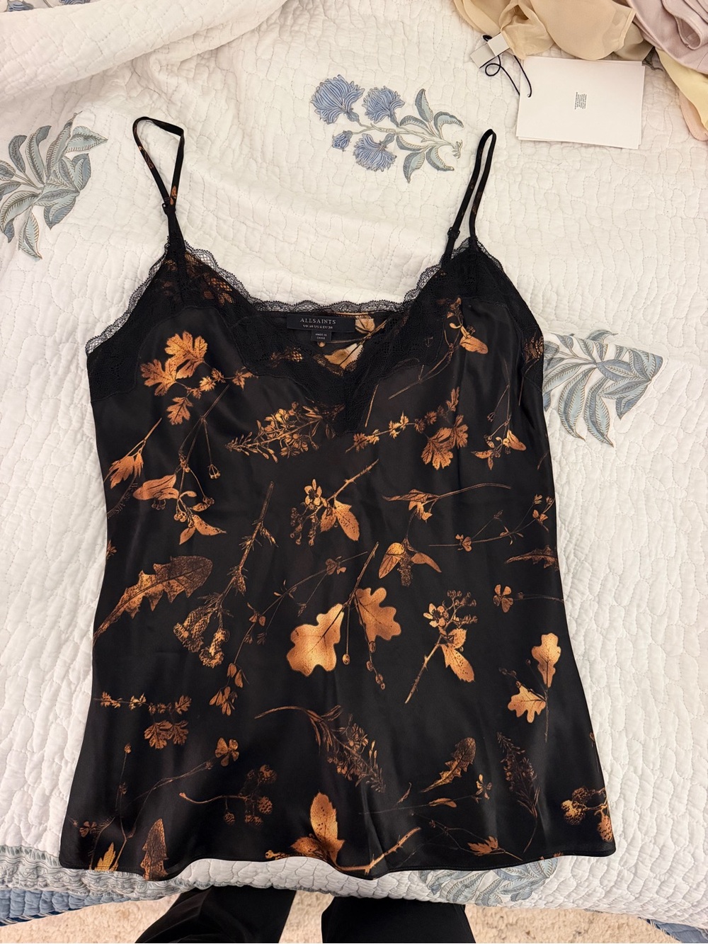 All Saints Black Satin Cami with Copper Floral Print and Lace Trim